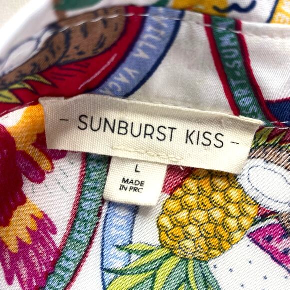 SUNBURST KISS Hawaiian Shirt Tropical Summer Beach Cocktails Cropped Sz L - Picture 3 of 10